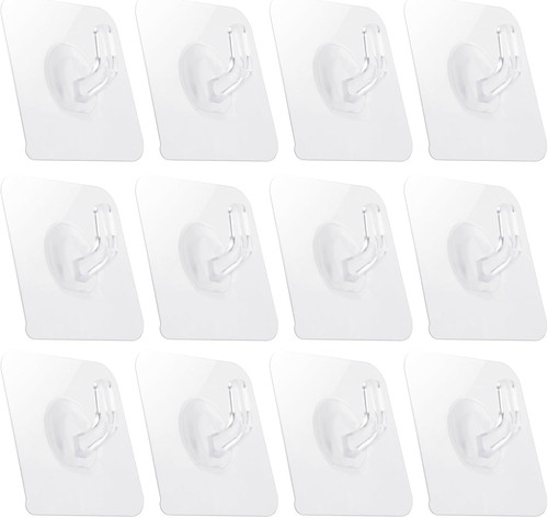 12 Pack Adhesive Hooks Clear Plastic Waterproof Heavy Duty Sticky Transparent