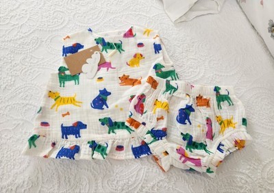 NWT ANGEL DEAR 6/12 MONTH RUFFLE TOP & BLOOMER COLORFUL DOG SET