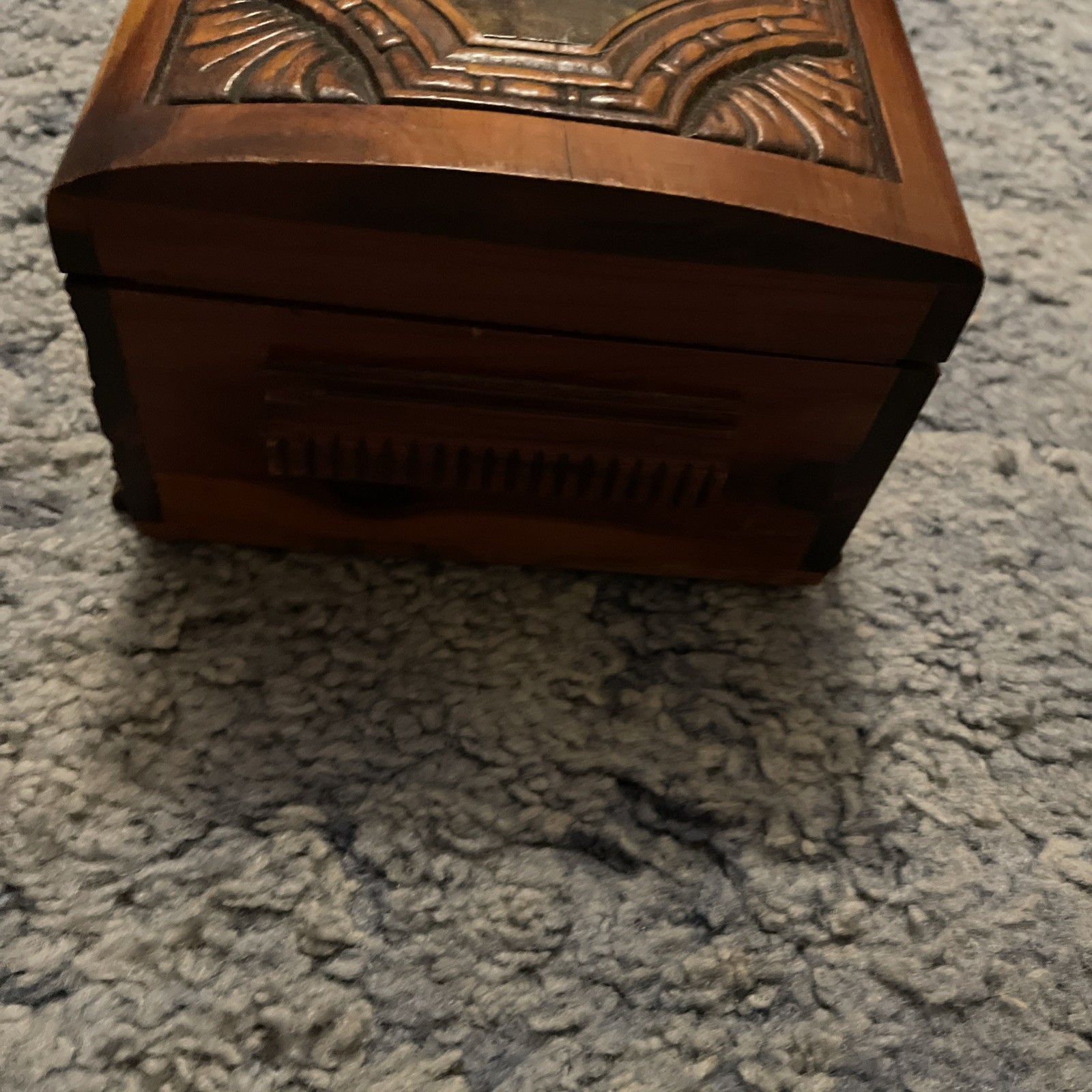 Antique Vtg Ornate Hand Carved Wood Jewelry Box Brass Hardware