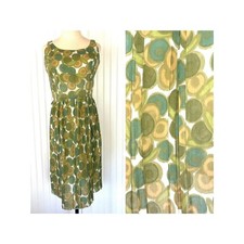 Vintage 60s Green Patterned Pleated Midi Dress Size Medium Sleeveless Sheer Cute