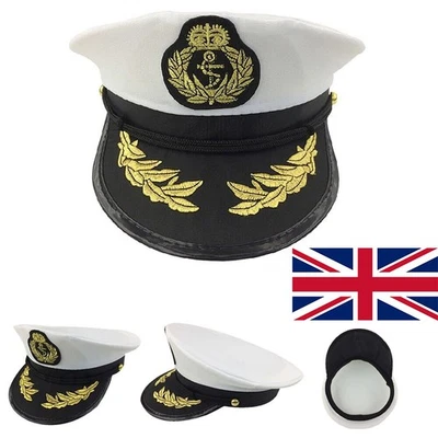 ADULT CAPTAIN HAT SATIN Yacht Boat Navy Sailor Sea Marine Fancy Dress Costume UK