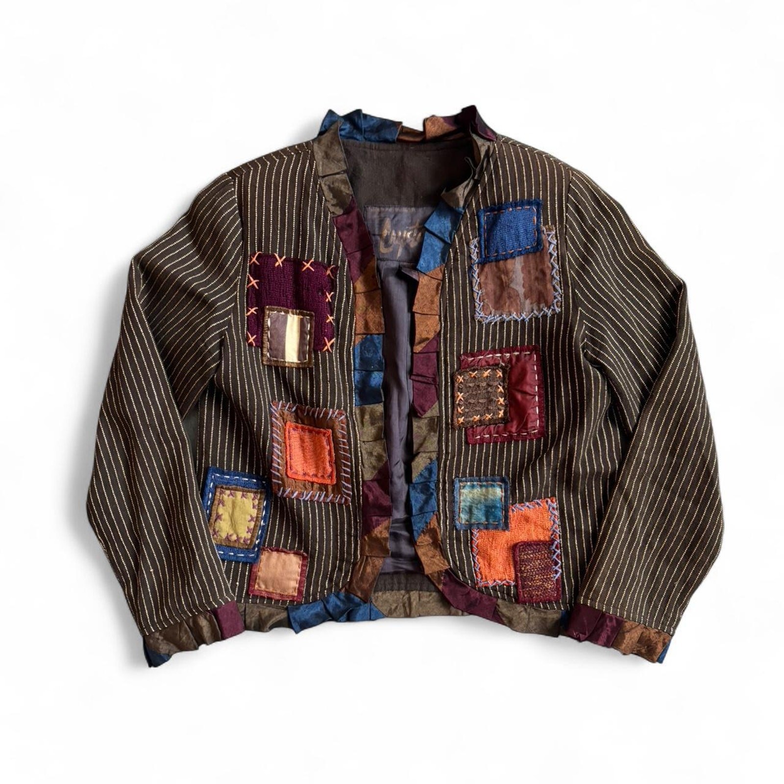 Patchwork Brown Pinstripe Jacket – Boho Whimsy Ar… - image 6