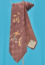 VTG Men's 1940s Hand Painted Bowling Novelty Print Necktie 40s Tie