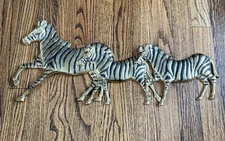 Unique Vintage Brass Wall Decoration Running ZEBRA Family, 22" long x 9.5"
