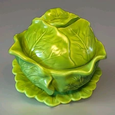 Vintage Ceramic Holland Mold Green Cabbage Bowl Lid and Plate 