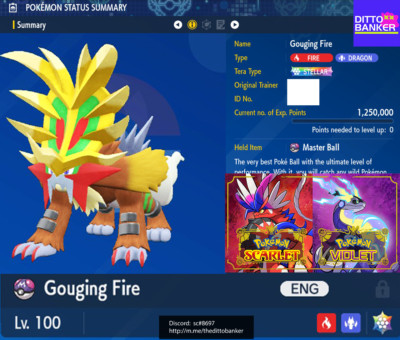Pokemon Scarlet/Violet GOUGING FIRE Lv.100 6IV Jolly/ MasterBall FAST SEND 