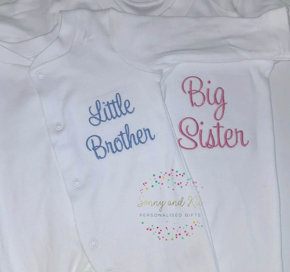 Personalised Baby grow, Big Little Brother Sister Sleepsuits, Embroidered Custom