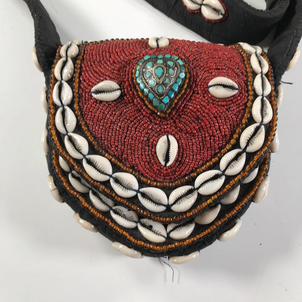 Vintage Beaded Tribal Bag Red Orange White Shells Sterling Silver Turquoise - Image 2 of 4