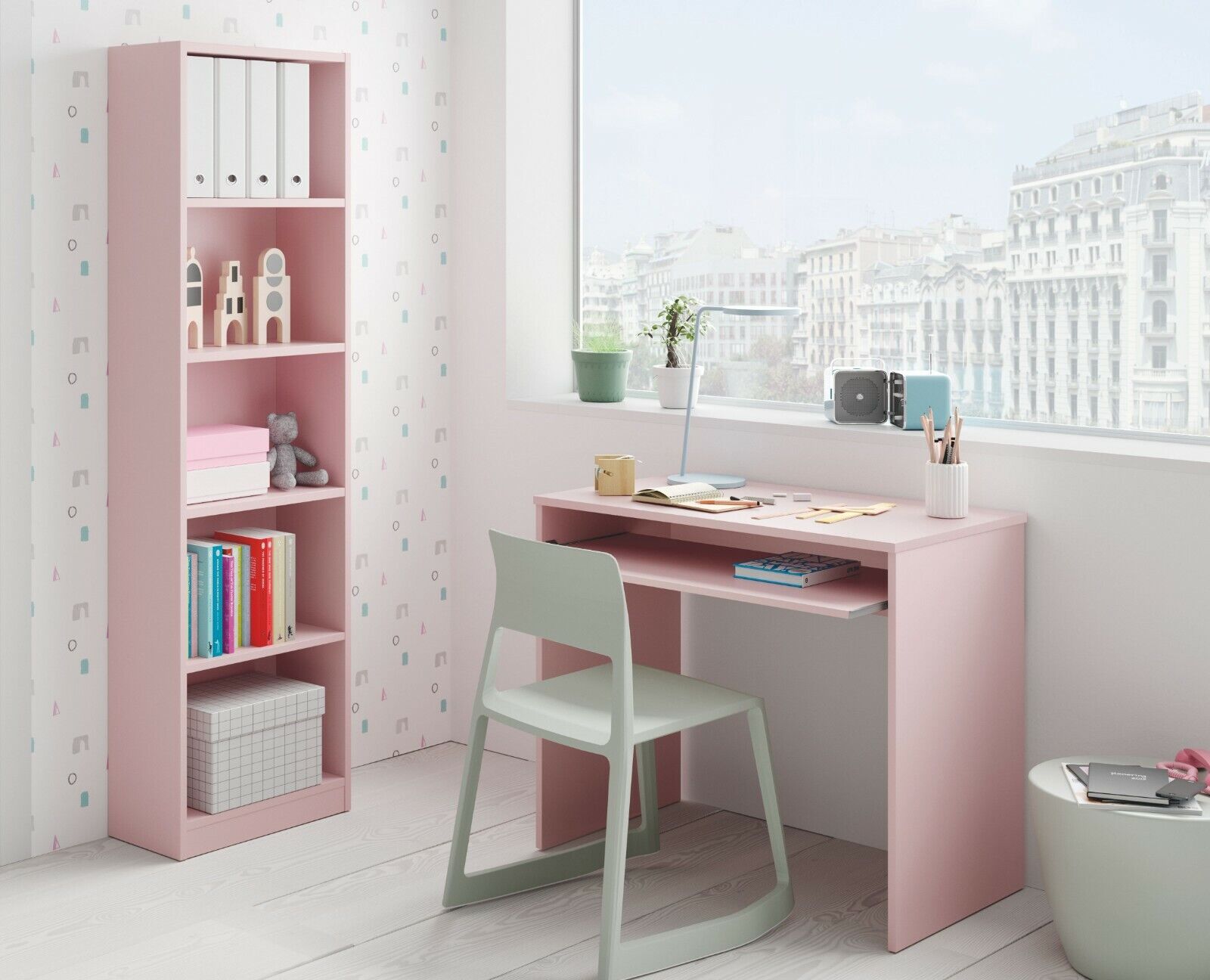 Pack estudio juvenil I-joy rosa habitacion dormitorio (escritorio + estanteria)
