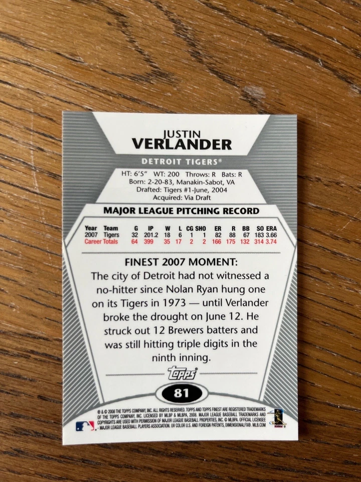 2008 Topps Finest Justin Verlander #81 NM-MT OR BETTER - Image 2 of 2