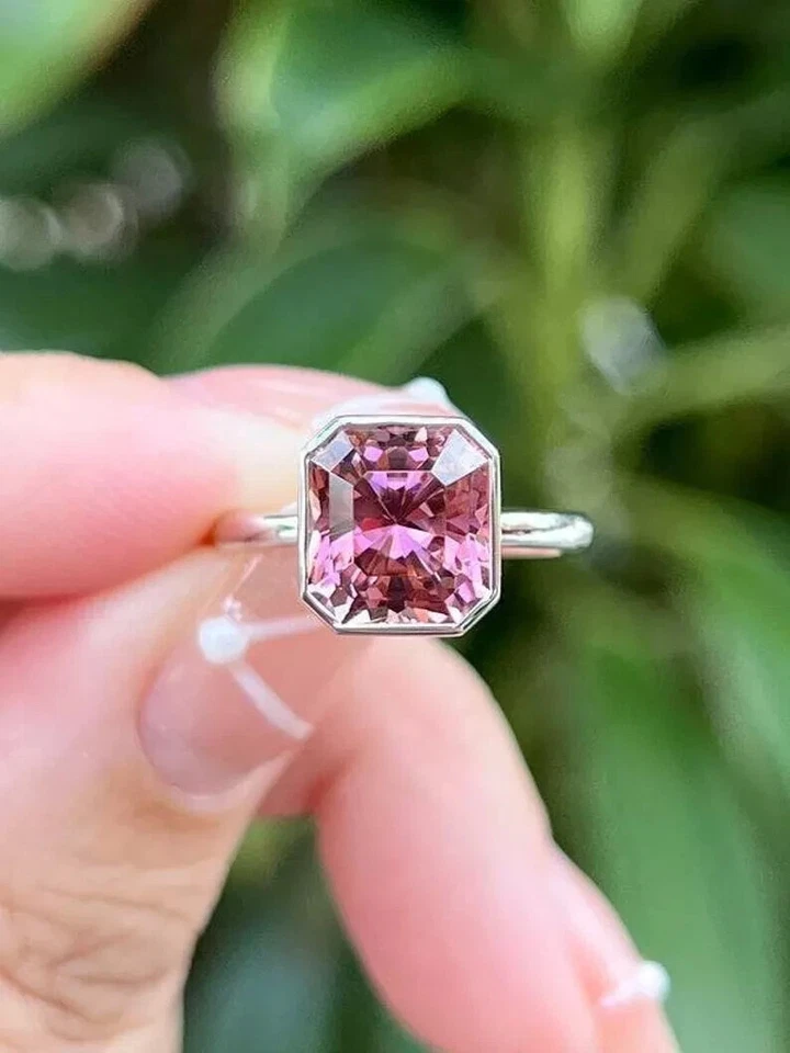 4.00 Ct Asscher Cut Natural Pink Tourmaline Wedding Ring 14K White Gold Size 7 8 - Image 2 of 4