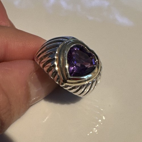 David Yurman Amethyst Purple Cable Heart Ring 925 Sterling Silver & 585 Gold - Picture 2 of 10