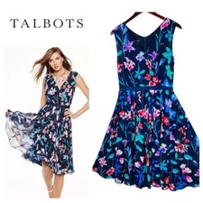 Talbots 8 Medium Dress Floral Garden Blue Swing Flare Pleated Party Wedding cc