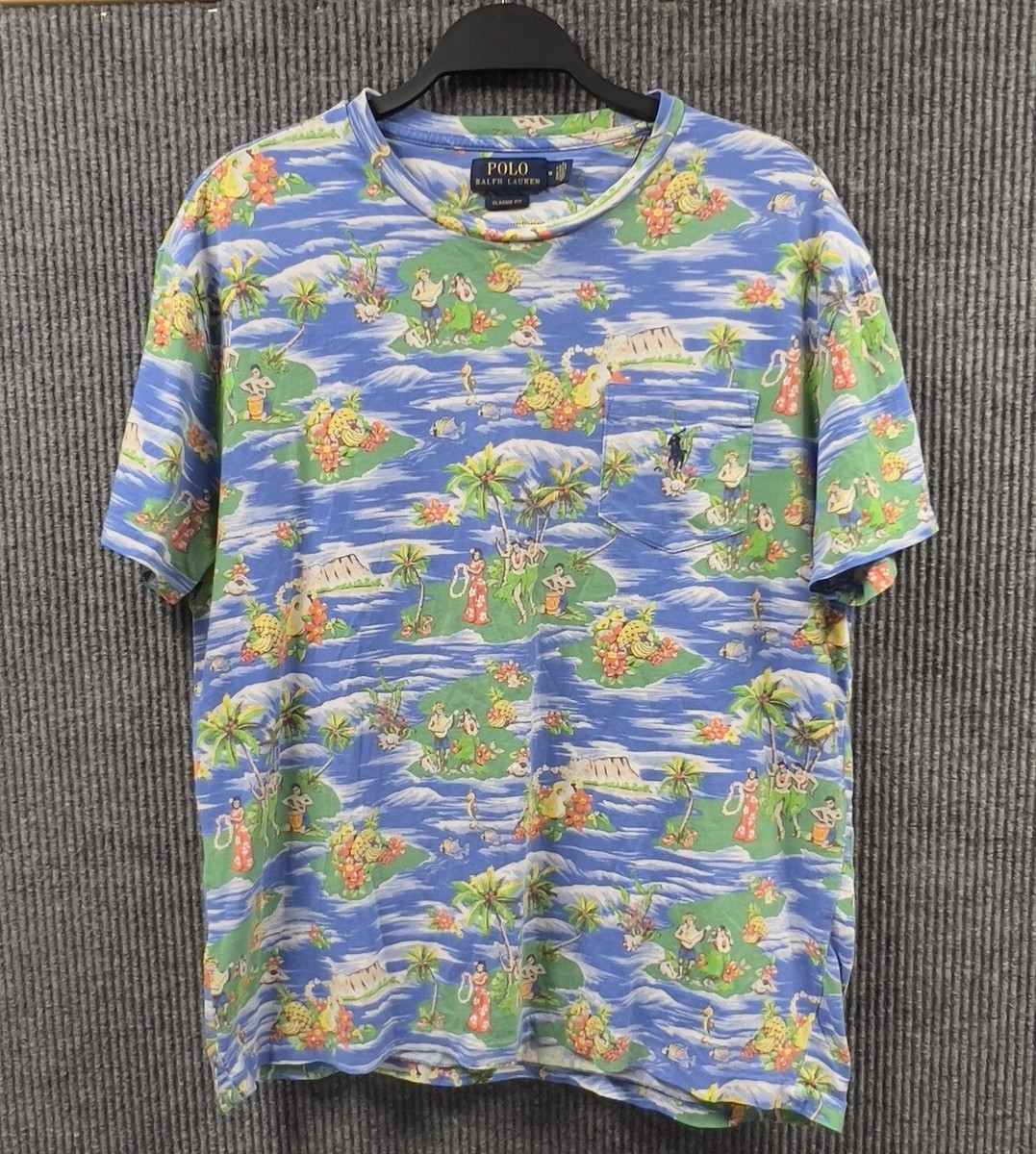 Polo Ralph Lauren Shirt Mens Medium Blue Hawaiian Hula Girl All