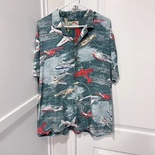 Paradise Found Shirt Mens 2XL (27" Pit to Pit) Green Planes Aloha Hawaiian