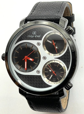 Oskar Emil Multi-Dial Herrenuhr Weltzeitzone Design schwarz Lederband 50mm