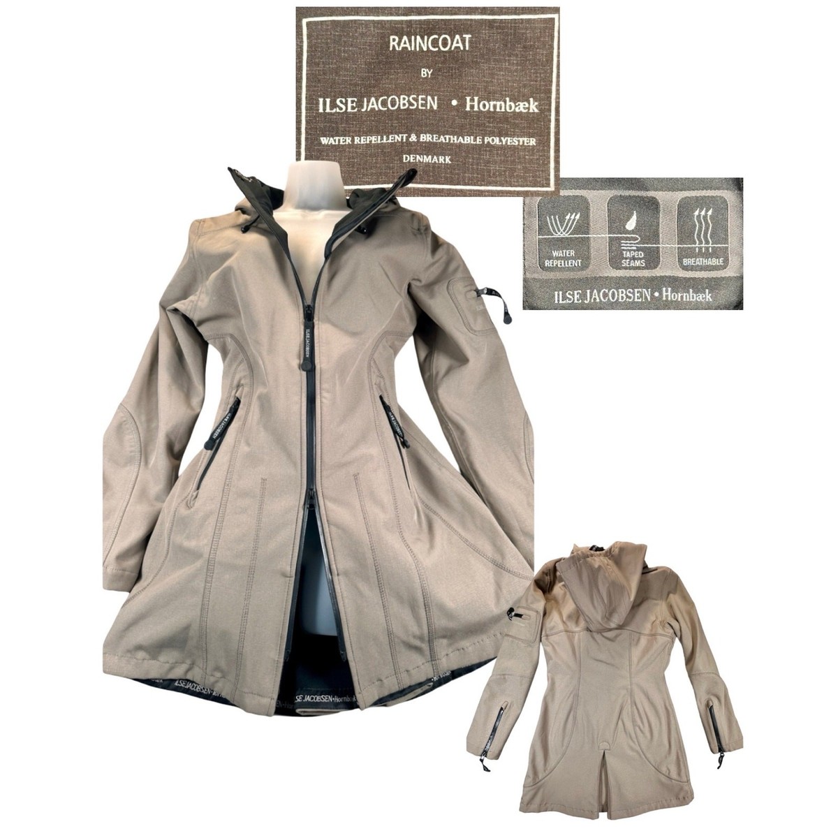Ilse Jacobsen Raincoat Hornbaek Women Small 36 Beige Hood Fall