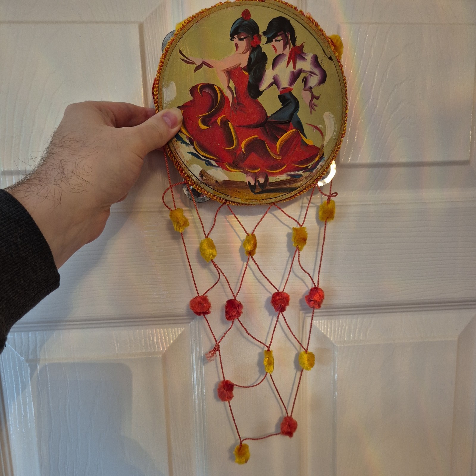 Pandereta española pintada a mano bailarines flamencos colgador de pared 17" decoración años 80