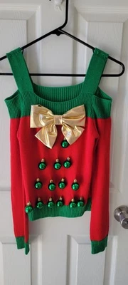 Women's Ugly Christmas Sweater XS Off The Shoulder Red, Gold Bow, Green Ornament - Image 1 of 4