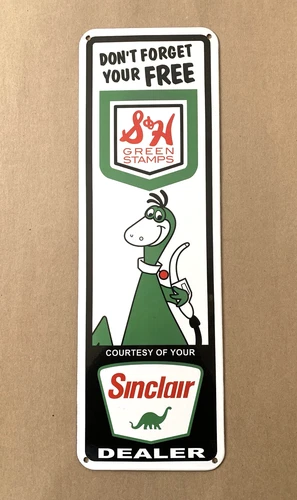 VINTAGE 22x7" SINCLAIR S&H STAMPS DINO MOTOR OIL PORCELAIN PUMP STATION GAS SIGN