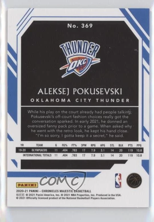 2020-21 Panini Chronicles Majestic Purple /49 Aleksej Pokusevski #369 Rookie RC - Image 2 of 2