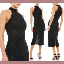 NWT $398 Mac Duggal [ 0 ] 5531 Beaded High Neck Halter Midi Dress Black #S1261