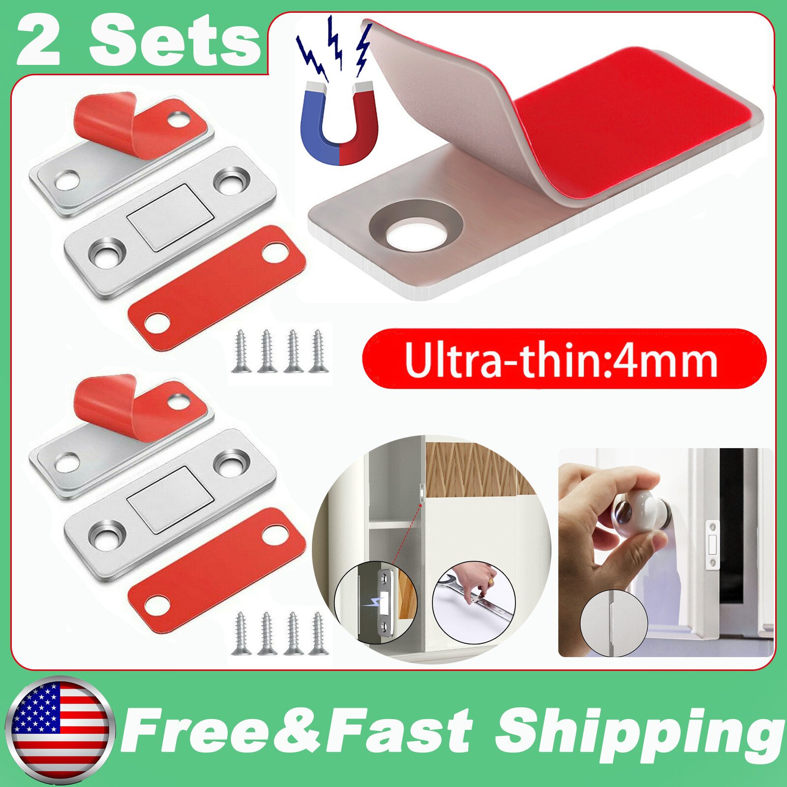 2 X Ultra Thin Strong Magnetic Door Cabinet Catch Cupboard Latch Closer Closures