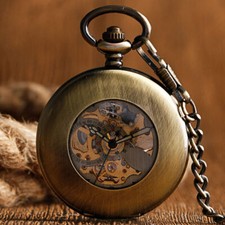 Bronze Smooth Case Men Women Pocket Watch Antique Automatic Mechanical Chain