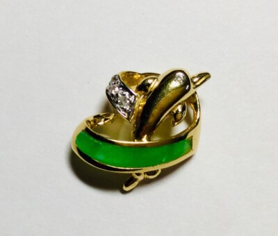 14 K Gelbgold Jade & Diamant Anhänger mit Delfin im Herzen