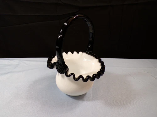 Fenton Milk Glass Black Ebony Crest Basket 6 1/4" Tall