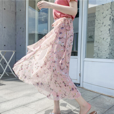 Lady Casual Wrap Skirt Fishtail Beach Ruffle Chiffon Skirt Floral Midi  Summer