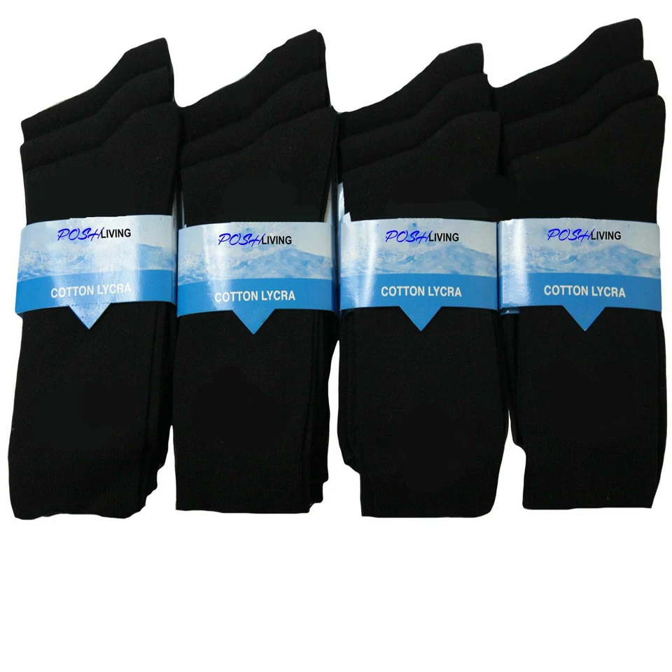 12 Pairs Men's Plain Black Cotton Rich Luxury Casual Soft Socks, Size UK 6-11