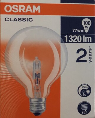  OSRAM HALOGEN CLASSIC GLOBE Globelampe G95 230V  E27  77W=100W   Nr. 64547 Klar