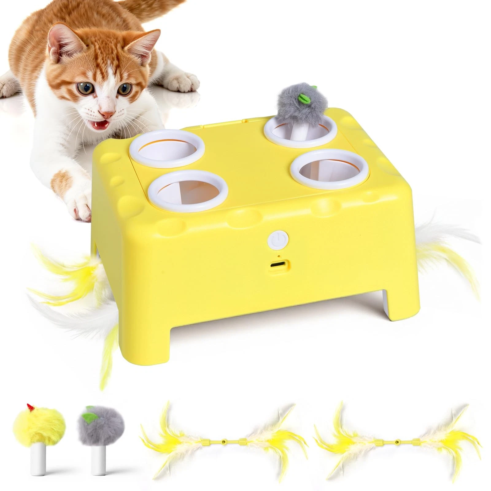 Cheese Box Interactive Cat Toy for Indoor Cats, 3-in-1 Whack a Mole Feather T...