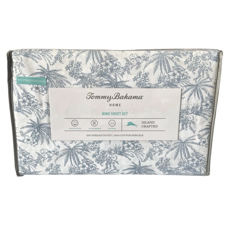 Nuevo Juego de Sábanas 4 Piezas Tommy Bahama KING Playa Tropical PEN & INK PALM Azul y Blanco Foto 2 de 4