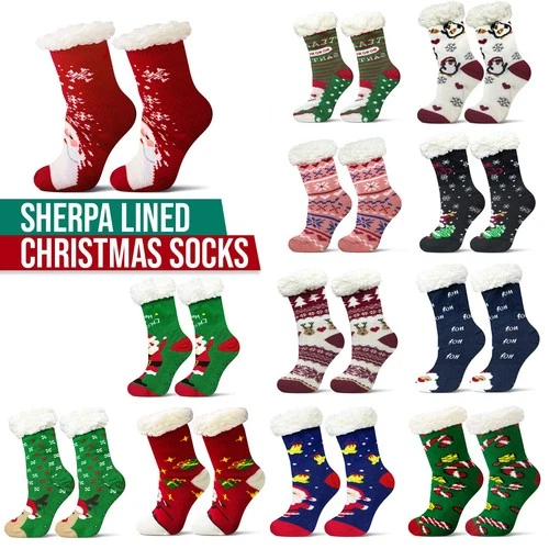 Christmas Socks Sherpa Gift Stocking Thermal Cotton Santa Reindeer One Size