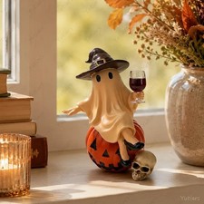 Spooky Halloween Ghost Statue with Witch Hat Wine Glass Resin Ornament Cute Tabl