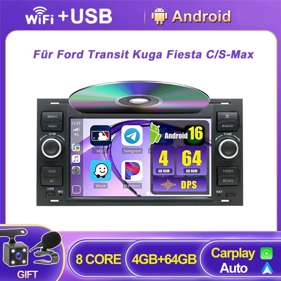 DAB+CD/DVD Autoradio Android16 Für Ford Transit Kuga Fiesta C/S-Max GPS DSP 64GB - Bild 1 von 4