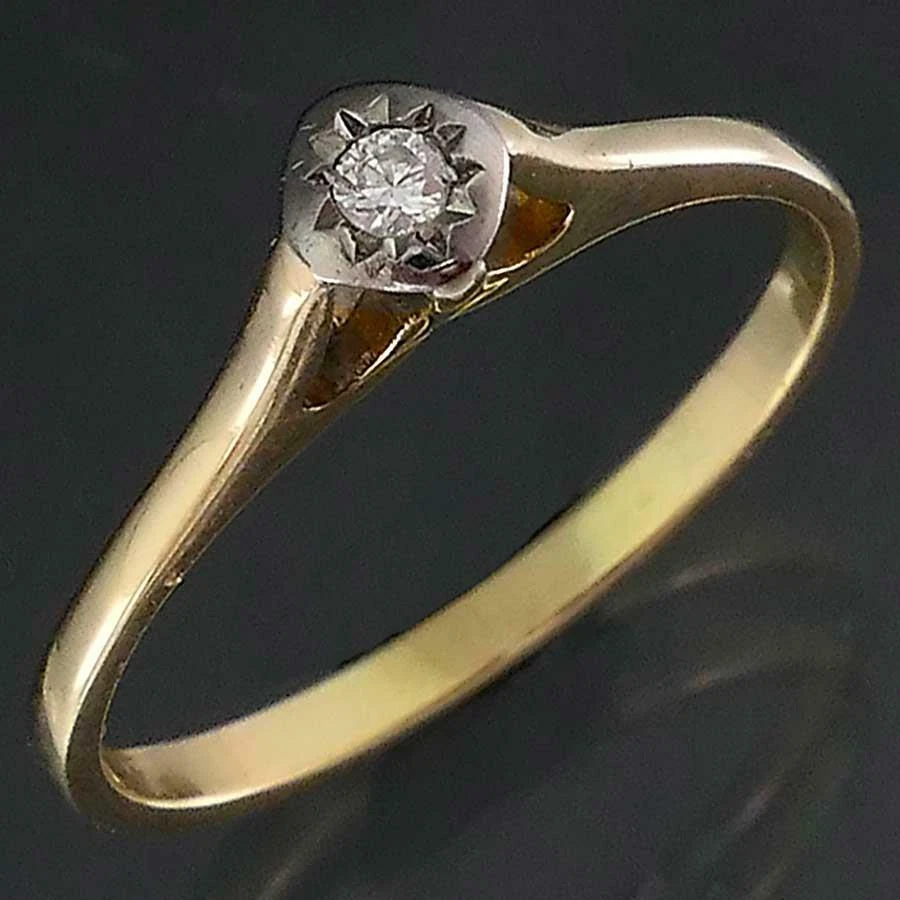Vintage Solid 9k Yellow WHITE GOLD ILLUSION SET SOLITAIRE DIAMOND RING Sz M1 2