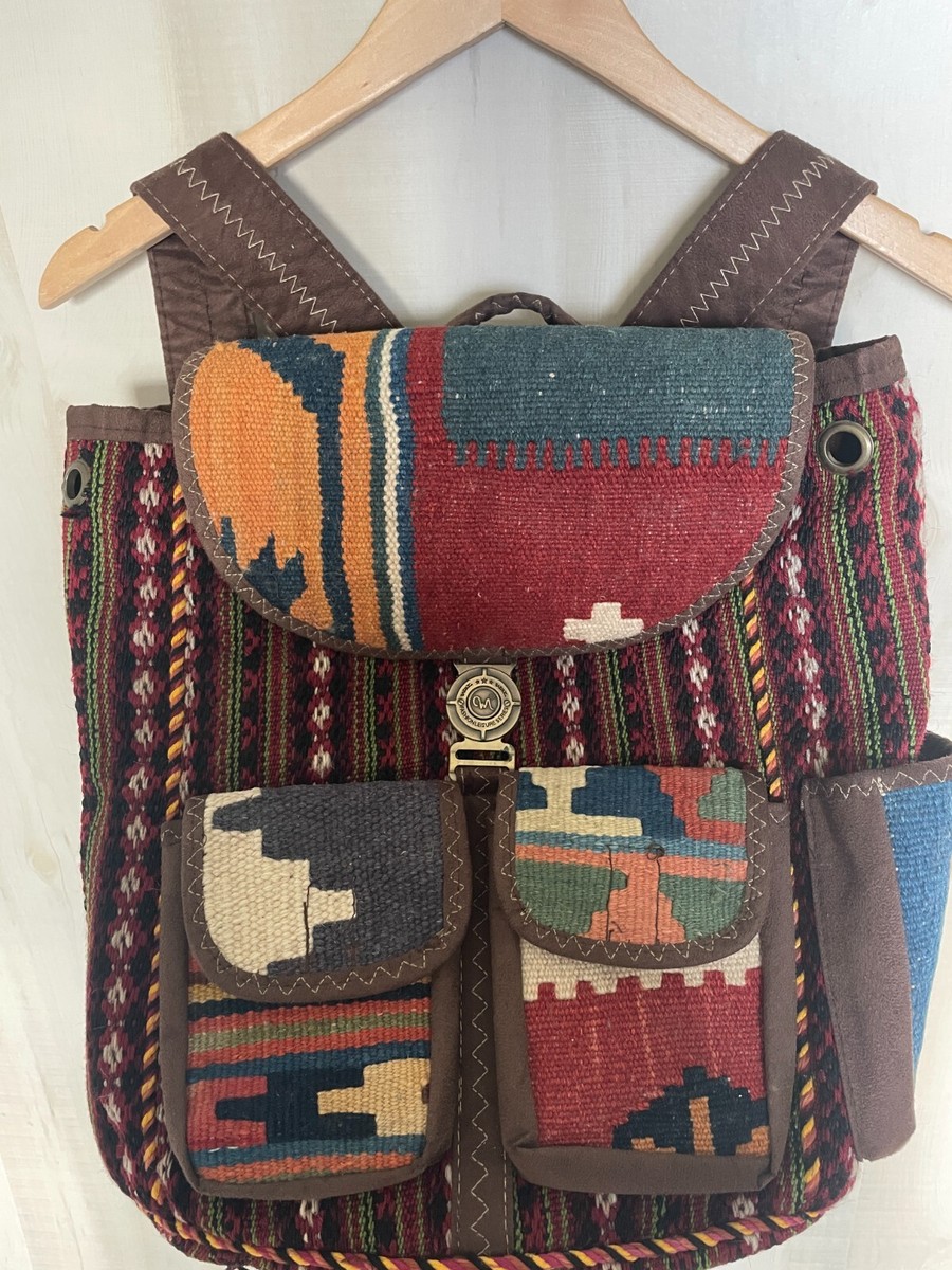 Kilim Woven Wool Suede Rug Style Backpack Aztec Southwestern Bag