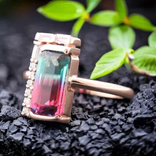 Anillo Promesa Turmalina Sandía Natural Forma Baguette Oro Sólido 9k 12x10MM Foto 3 de 4