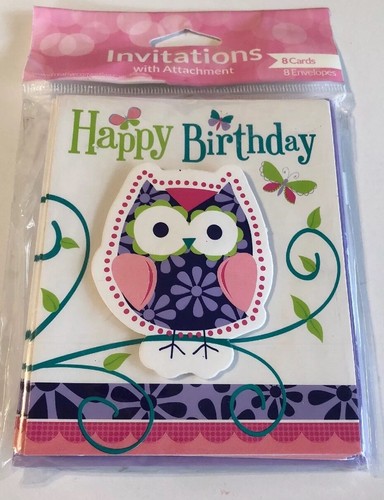 Owl Pal Birthday Invitations Party Purple Pink Lime Green Cute Whimsical - Picture 7 of 12