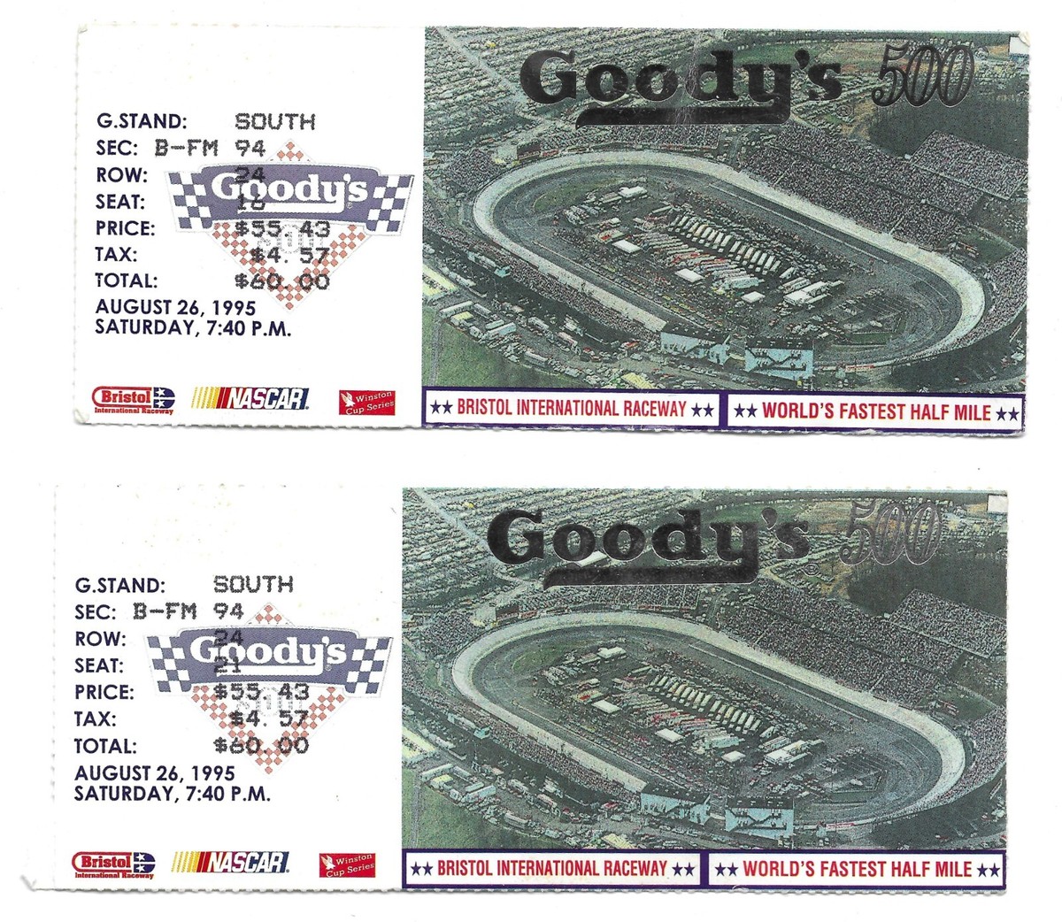 2-1995 GOODY'S 500 Bristol Race Ticket Stubs TERRY LABONTE Win