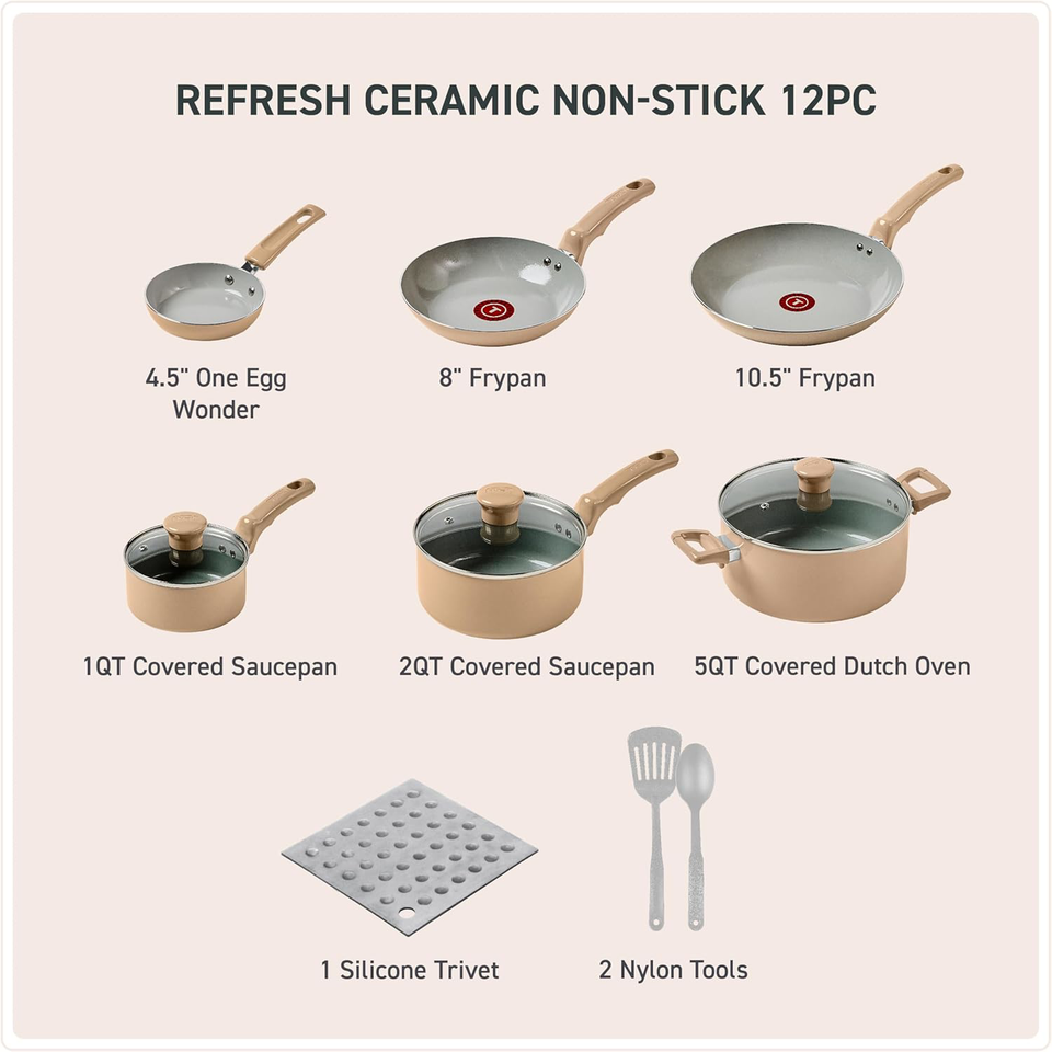 T-fal Refresh Ceramic Kochgeschirr-Set 20-teilig | Mit Antihaftbeschichtung & Thermo-Spot | Ofenfest Bis 176°C