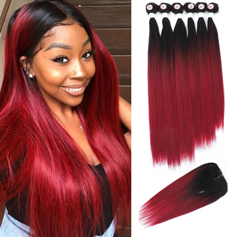 forhold sum endnu engang Ombre Red Synthetic Nature Straight Hair Extensions With Lace Closure 6  Bundles | eBay