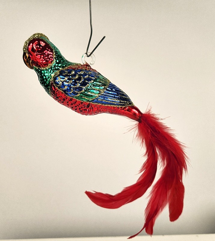 Vintage Glass Bird Parrot Christmas Ornament  Feather Tail Annealed Hook Germany