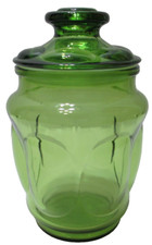 Vintage LE Smith Glass Canister Jar with Lid Oval Bubbles Green 7 3/4