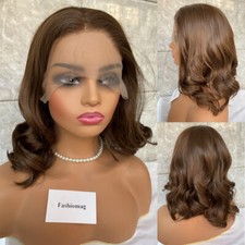 Medium Wavy Dark Brown Lace Front Human Hair Blend Heat Ok Wig Women Soft Naturl