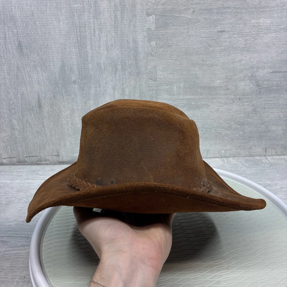 复古 Minnetonka The Outback 帽子大号牛仔棕色麂皮绒皮革绳子细节 — 第 4/4 张图片
