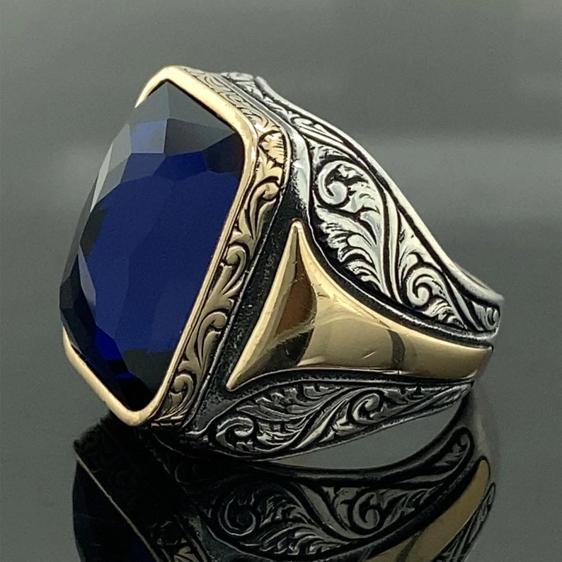 Anel masculino feito à mão de prata 925 com pedra de safira turca - Imagem 3 de 4